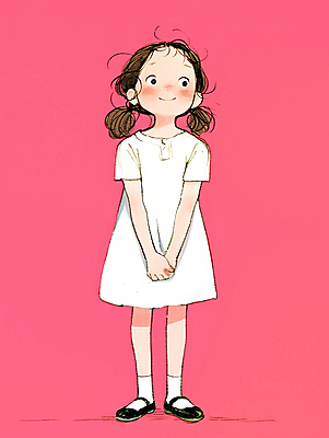 JPG 전신 여자 어린이 분홍색 일러스트 한명 미소 소녀 캐주얼 귀여움 흰색 편안함 손모으기 소녀한명만 국내일러스트 AI일러스트 AI콘텐츠 1 옷 컬러 컨셉 표정 사람 손짓 감각 여자한명만 소녀만 파일형식