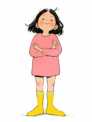 JPG 전신 여자 어린이 분홍색 일러스트 양말 한명 미소 소녀 캐주얼 노란색 팔짱 귀여움 편안함 소녀한명만 국내일러스트 AI일러스트 AI콘텐츠 1 옷 컬러 컨셉 모션 표정 사람 감각 여자한명만 소녀만 파일형식