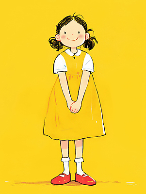 JPG 전신 원피스 여자 어린이 일러스트 한명 미소 소녀 캐주얼 노란색 귀여움 편안함 손모으기 소녀한명만 국내일러스트 AI일러스트 AI콘텐츠 1 옷 컬러 컨셉 표정 사람 손짓 감각 여자한명만 소녀만 파일형식