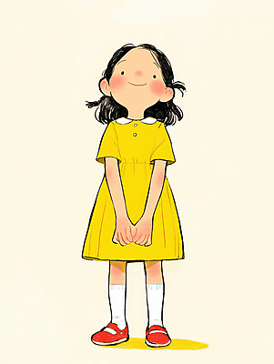 JPG 전신 원피스 여자 어린이 일러스트 한명 미소 소녀 캐주얼 노란색 귀여움 편안함 손모으기 소녀한명만 국내일러스트 AI일러스트 AI콘텐츠 1 옷 컬러 컨셉 표정 사람 손짓 감각 여자한명만 소녀만 파일형식