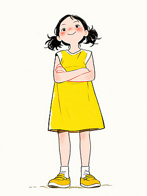 JPG 전신 원피스 여자 어린이 일러스트 한명 미소 소녀 캐주얼 노란색 팔짱 귀여움 편안함 소녀한명만 국내일러스트 AI일러스트 AI콘텐츠 1 옷 컬러 컨셉 모션 표정 사람 감각 여자한명만 소녀만 파일형식