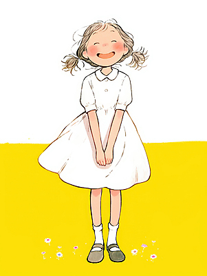 JPG 전신 원피스 여자 어린이 일러스트 한명 미소 소녀 캐주얼 노란색 귀여움 흰색 편안함 손모으기 소녀한명만 국내일러스트 AI일러스트 AI콘텐츠 1 옷 컬러 컨셉 표정 사람 손짓 감각 여자한명만 소녀만 파일형식