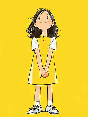 JPG 전신 원피스 여자 어린이 일러스트 한명 미소 소녀 캐주얼 노란색 귀여움 편안함 손모으기 소녀한명만 국내일러스트 AI일러스트 AI콘텐츠 1 옷 컬러 컨셉 표정 사람 손짓 감각 여자한명만 소녀만 파일형식