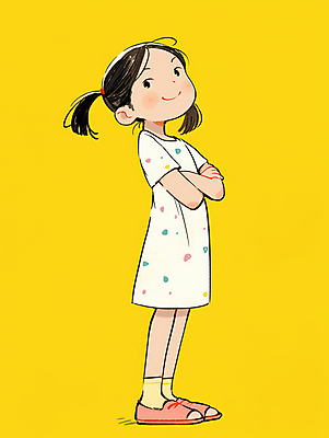 JPG 전신 원피스 여자 어린이 일러스트 한명 미소 소녀 캐주얼 노란색 팔짱 귀여움 편안함 소녀한명만 국내일러스트 AI일러스트 AI콘텐츠 1 옷 컬러 컨셉 모션 표정 사람 감각 여자한명만 소녀만 파일형식