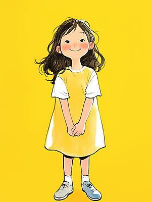 JPG 전신 원피스 여자 어린이 일러스트 한명 미소 소녀 캐주얼 노란색 귀여움 편안함 손모으기 소녀한명만 국내일러스트 AI일러스트 AI콘텐츠 1 옷 컬러 컨셉 표정 사람 손짓 감각 여자한명만 소녀만 파일형식