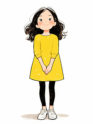 JPG 전신 원피스 여자 어린이 일러스트 한명 미소 소녀 캐주얼 노란색 귀여움 편안함 손모으기 소녀한명만 국내일러스트 AI일러스트 AI콘텐츠 1 옷 컬러 컨셉 표정 사람 손짓 감각 여자한명만 소녀만 파일형식
