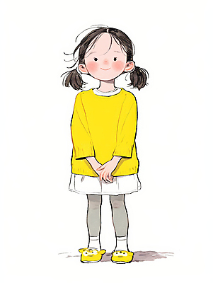 JPG 전신 여자 어린이 일러스트 한명 미소 소녀 캐주얼 노란색 귀여움 편안함 손모으기 소녀한명만 국내일러스트 AI일러스트 AI콘텐츠 1 옷 컬러 컨셉 표정 사람 손짓 감각 여자한명만 소녀만 파일형식