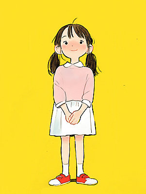 JPG 전신 여자 어린이 분홍색 일러스트 한명 미소 소녀 캐주얼 노란색 귀여움 편안함 손모으기 소녀한명만 국내일러스트 AI일러스트 AI콘텐츠 1 옷 컬러 컨셉 표정 사람 손짓 감각 여자한명만 소녀만 파일형식