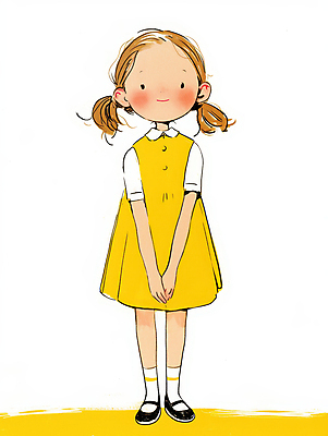 JPG 전신 원피스 여자 어린이 일러스트 한명 미소 소녀 캐주얼 노란색 귀여움 편안함 손모으기 소녀한명만 국내일러스트 AI일러스트 AI콘텐츠 1 옷 컬러 컨셉 표정 사람 손짓 감각 여자한명만 소녀만 파일형식