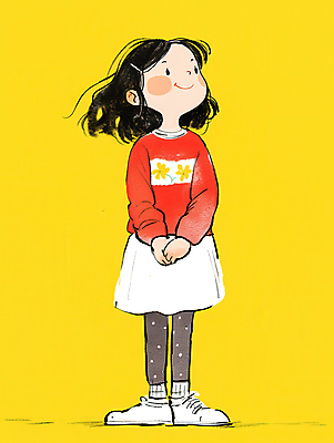 JPG 전신 여자 어린이 일러스트 한명 미소 소녀 캐주얼 빨간색 치마 노란색 귀여움 편안함 손모으기 소녀한명만 국내일러스트 AI일러스트 AI콘텐츠 1 옷 컬러 컨셉 하의 표정 사람 손짓 감각 여자한명만 소녀만 파일형식