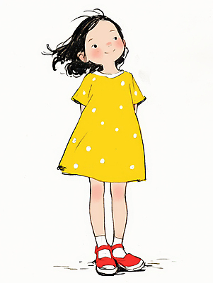 JPG 전신 원피스 여자 어린이 일러스트 표정 한명 미소 소녀 캐주얼 노란색 귀여움 물방울무늬 편안함 뒷짐 소녀한명만 국내일러스트 AI일러스트 AI콘텐츠 1 옷 컬러 컨셉 무늬 모션 사람 감각 여자한명만 소녀만 파일형식