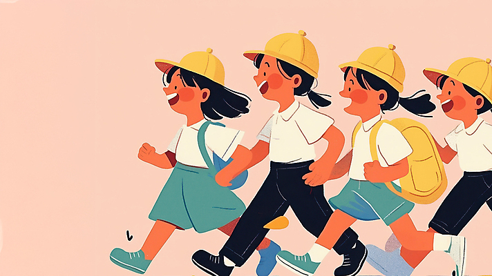 JPG 전신 모자 여자 어린이 분홍색 일러스트 웃음 소녀 여러명 친구 소풍 걷기 그룹 백팩 소녀만 국내일러스트 AI일러스트 AI콘텐츠 잡화 컬러 다수 가방 관계 모션 표정 사람 야외활동 여자만 어린이만 파일형식