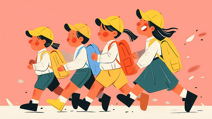 JPG 전신 모자 여자 남자 어린이 분홍색 일러스트 웃음 소녀 소년 여러명 친구 소풍 노란색 걷기 백팩 어린이만 국내일러스트 AI일러스트 AI콘텐츠 잡화 컬러 다수 가방 관계 모션 표정 사람 야외활동 파일형식