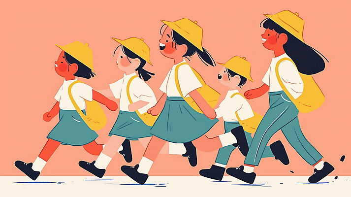 JPG 전신 모자 여자 어린이 분홍색 일러스트 웃음 소녀 여러명 친구 소풍 걷기 그룹 백팩 소녀만 국내일러스트 AI일러스트 AI콘텐츠 잡화 컬러 다수 가방 관계 모션 표정 사람 야외활동 여자만 어린이만 파일형식