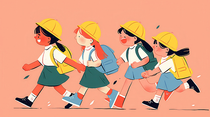 JPG 전신 모자 여자 어린이 분홍색 일러스트 웃음 소녀 여러명 친구 소풍 걷기 그룹 백팩 소녀만 국내일러스트 AI일러스트 AI콘텐츠 잡화 컬러 다수 가방 관계 모션 표정 사람 야외활동 여자만 어린이만 파일형식