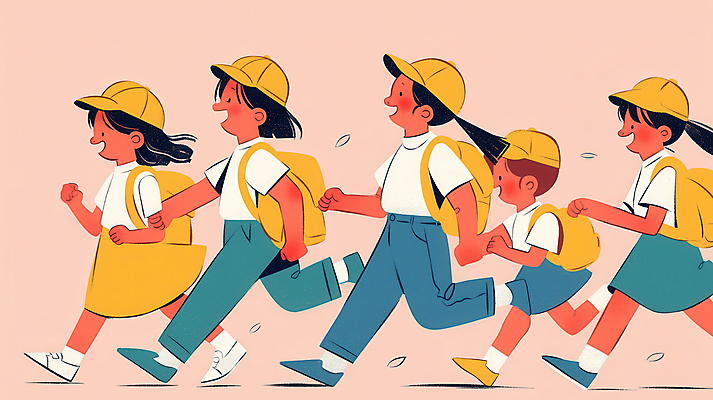 JPG 전신 모자 여자 어린이 분홍색 일러스트 웃음 소녀 여러명 친구 소풍 걷기 그룹 백팩 소녀만 국내일러스트 AI일러스트 AI콘텐츠 잡화 컬러 다수 가방 관계 모션 표정 사람 야외활동 여자만 어린이만 파일형식