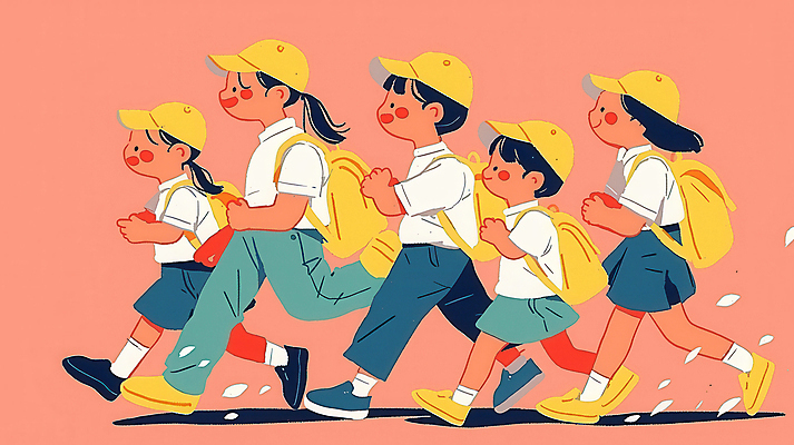 JPG 전신 모자 여자 남자 어린이 분홍색 일러스트 웃음 소녀 소년 여러명 친구 소풍 걷기 그룹 백팩 어린이만 국내일러스트 AI일러스트 AI콘텐츠 잡화 컬러 다수 가방 관계 모션 표정 사람 야외활동 파일형식