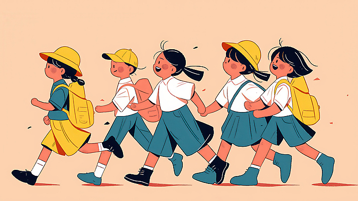 JPG 전신 모자 여자 남자 어린이 분홍색 일러스트 웃음 소녀 소년 여러명 친구 소풍 걷기 그룹 백팩 어린이만 국내일러스트 AI일러스트 AI콘텐츠 잡화 컬러 다수 가방 관계 모션 표정 사람 야외활동 파일형식