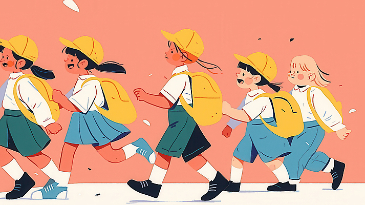 JPG 전신 모자 여자 어린이 분홍색 일러스트 웃음 소녀 여러명 친구 소풍 걷기 그룹 백팩 소녀만 국내일러스트 AI일러스트 AI콘텐츠 잡화 컬러 다수 가방 관계 모션 표정 사람 야외활동 여자만 어린이만 파일형식