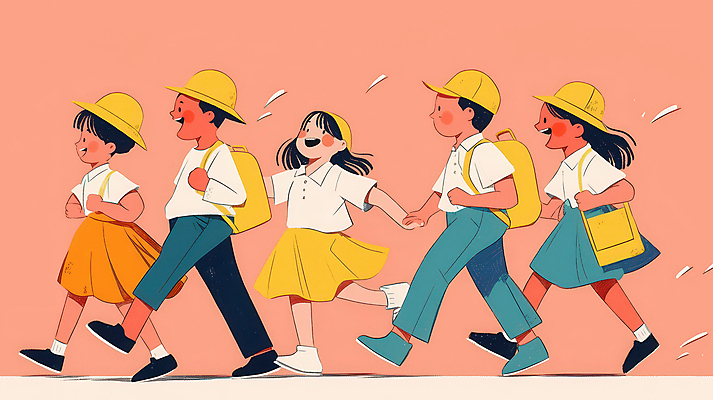 JPG 전신 모자 여자 남자 어린이 분홍색 일러스트 웃음 소녀 소년 여러명 친구 소풍 걷기 그룹 백팩 어린이만 국내일러스트 AI일러스트 AI콘텐츠 잡화 컬러 다수 가방 관계 모션 표정 사람 야외활동 파일형식