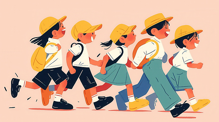 JPG 전신 모자 여자 남자 어린이 분홍색 일러스트 웃음 소녀 소년 여러명 친구 소풍 걷기 그룹 백팩 어린이만 국내일러스트 AI일러스트 AI콘텐츠 잡화 컬러 다수 가방 관계 모션 표정 사람 야외활동 파일형식