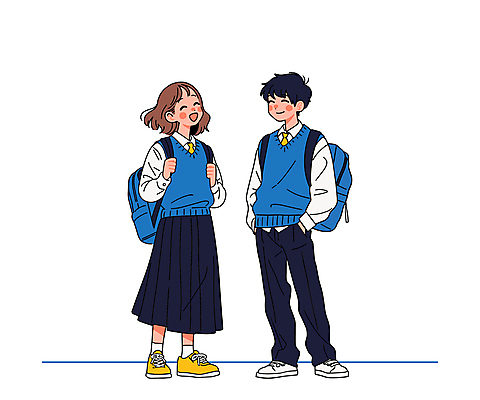전신 학생 여학생 여자 남자 교복 남학생 일러스트 학교 청소년 서기 미소 웃음 두명 친구 잡기 주머니손 백팩 십대만 중고등학생 국내일러스트 AI파일 옷 교육 가방 관계 모션 중학생 고등학생 표정 사람 파일형식 벡터
