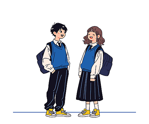 전신 학생 여학생 여자 남자 교복 남학생 일러스트 학교 청소년 서기 미소 웃음 두명 친구 주머니손 백팩 십대만 중고등학생 국내일러스트 AI파일 옷 교육 가방 관계 모션 중학생 고등학생 표정 사람 파일형식 벡터