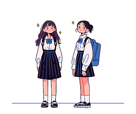 전신 학생 여학생 여자 교복 리본 일러스트 학교 청소년 서기 미소 두명 친구 반짝임 귀여움 백팩 십대여자만 중고등학생 국내일러스트 AI파일 옷 교육 컨셉 가방 관계 모션 중학생 고등학생 표정 사람 여자만 십대만 파일형식 벡터
