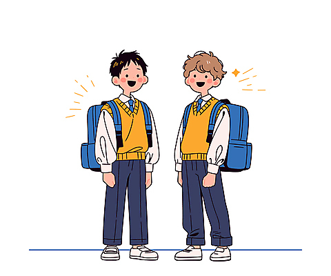전신 학생 남자 교복 남학생 일러스트 학교 청소년 서기 웃음 두명 친구 반짝임 백팩 십대남자만 중고등학생 국내일러스트 AI파일 옷 교육 가방 관계 모션 중학생 고등학생 표정 사람 남자만 십대만 파일형식 벡터
