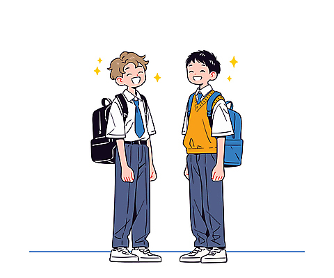 전신 학생 남자 교복 남학생 일러스트 학교 청소년 서기 웃음 두명 친구 반짝임 백팩 십대남자만 중고등학생 국내일러스트 AI파일 옷 교육 가방 관계 모션 중학생 고등학생 표정 사람 남자만 십대만 파일형식 벡터