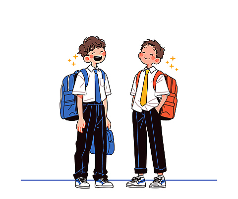 전신 학생 남자 교복 남학생 일러스트 학교 청소년 서기 미소 웃음 들기 두명 친구 반짝임 주머니손 백팩 십대남자만 중고등학생 국내일러스트 AI파일 옷 교육 가방 관계 모션 중학생 고등학생 표정 사람 남자만 십대만 파일형식 벡터