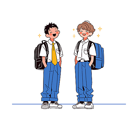 전신 학생 남자 교복 남학생 일러스트 학교 청소년 서기 웃음 두명 친구 반짝임 주머니손 백팩 십대남자만 중고등학생 국내일러스트 AI파일 옷 교육 가방 관계 모션 중학생 고등학생 표정 사람 남자만 십대만 파일형식 벡터