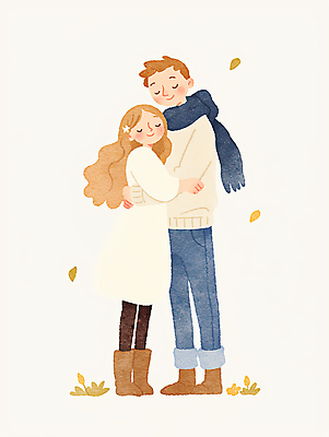 JPG 전신 커플 여자 남자 낙엽 일러스트 포옹 나뭇잎 따뜻함 사랑 웃음 성인 두명 목도리 성인만 국내일러스트 AI일러스트 AI콘텐츠 잡화 감정 잎 관계 안기 표정 사람 파일형식