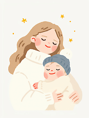 JPG 여자 남자 별 일러스트 포옹 엄마 털모자 따뜻함 사랑 웃음 성인 두명 아기 국내일러스트 AI일러스트 AI콘텐츠 자연요소 모자_잡화 감정 가족 안기 표정 사람 파일형식