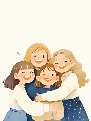 JPG 여자 일러스트 포옹 따뜻함 사랑 미소 웃음 여러명 성인 친구 우정 성인여자만 국내일러스트 AI일러스트 AI콘텐츠 감정 다수 관계 안기 표정 사람 여자만 성인만 파일형식