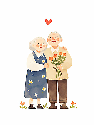 JPG 전신 여자 할아버지 노년 남자 할머니 꽃다발 일러스트 포옹 따뜻함 사랑 웃음 두명 노부부 하트 실버 노인만 어깨에손 국내일러스트 AI일러스트 AI콘텐츠 모양 부부 꽃 감정 안기 모션 표정 사람 성인 성인만 파일형식