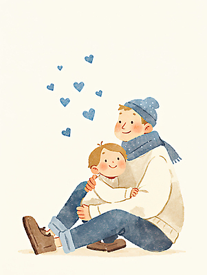 JPG 전신 남자 아들 어린이 일러스트 포옹 털모자 따뜻함 사랑 웃음 앉기 소년 성인 두명 목도리 하트 아빠 니트 남자만 국내일러스트 AI일러스트 AI콘텐츠 모양 모자_잡화 잡화 감정 상의 가족 안기 모션 표정 사람 파일형식