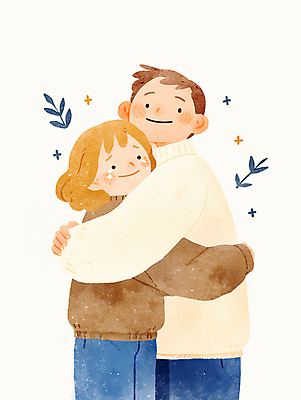 JPG 여자 남자 일러스트 포옹 따뜻함 사랑 웃음 성인 두명 눈물 니트 위로 성인만 국내일러스트 AI일러스트 AI콘텐츠 감정 상의 안기 표정 사람 파일형식