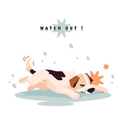 겨울 일러스트 경고 사람없음 얼음 고통 눈 강아지 미끄러짐 위험 사건 빙판 충격 낙상 넘어짐 국내일러스트 AI파일 자연요소 계절 감정 컨셉 모션 날씨 반려동물 개 파일형식 벡터