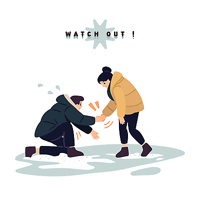 전신 여자 남자 겨울 일러스트 경고 서기 성인 두명 손잡기 도움 위험 사건 땀 빙판 낙상 넘어짐 성인만 일어나기 국내일러스트 AI파일 계절 컨셉 모션 사람 파일형식 벡터