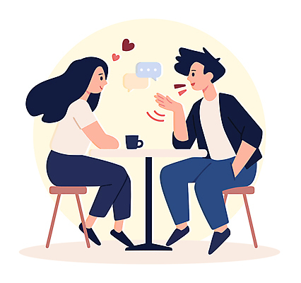 전신 여자 남자 말풍선 의자 일러스트 탁자 대화 손짓 성인 두명 컵 하트 주머니손 마주앉기 소통 성인만 대면 국내일러스트 AI파일 모양 식기 가구 컨셉 모션 말하기 사람 앉기 파일형식 벡터