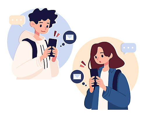문자 여자 남자 말풍선 일러스트 편지봉투 대화 들기 상반신 성인 두명 스마트폰 메시지 소통 문자메시지 성인만 연락 국내일러스트 AI파일 컨셉 모션 봉투 말하기 사람 핸드폰 스마트기기 편지 파일형식 벡터