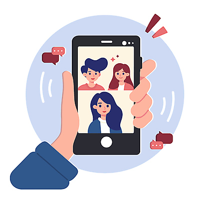 손 여자 남자 말풍선 일러스트 대화 들기 상반신 성인 신체부위 세명 스마트폰 소통 영상통화 성인만 연락 국내일러스트 AI파일 컨셉 모션 말하기 사람 핸드폰 스마트기기 통화 파일형식 벡터