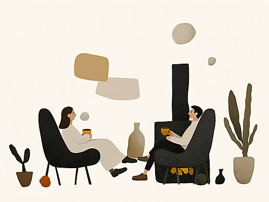 JPG 전신 식물 커플 여자 남자 화분 커플라이프 겨울 의자 일러스트 실내 대화 들기 성인 두명 컵 소파 도자기 난로 벽난로 마주앉기 성인만 국내일러스트 AI일러스트 AI콘텐츠 라이프스타일 식기 계절 가구 관계 모션 말하기 사람 앉기 내부 난방기 파일형식