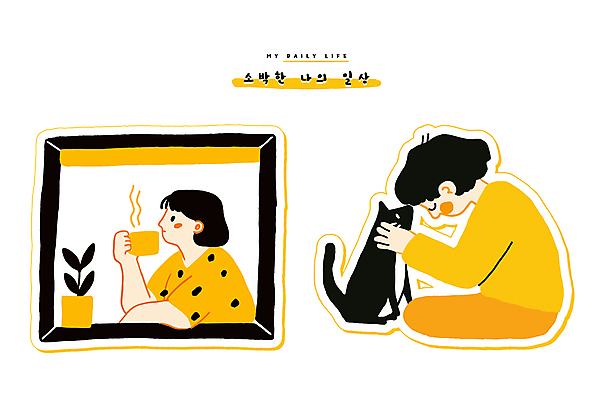 여자 화분 일러스트 포옹 티타임 들기 사람 상반신 성인 두명 일상 컵 노란색 고양이 창틀 맞대기 교감 성인여자만 국내일러스트 AI파일 식기 컬러 창문 포유류 안기 모션 휴식 라이프 반려동물 여자만 성인만 파일형식 벡터