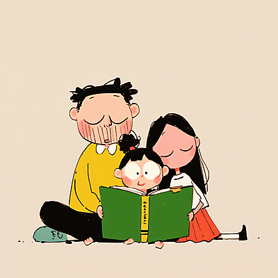 JPG 여자 남자 행복 어린이 일러스트 가족 수염 함께함 따뜻함 사랑 웃음 들기 앉기 소녀 성인 일상 책 세명 독서 눈감음 화목 잠 국내일러스트 AI일러스트 AI콘텐츠 감정 컨셉 관계 모션 표정 사람 라이프 파일형식