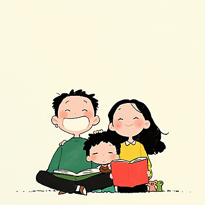 JPG 여자 남자 행복 어린이 일러스트 가족 함께함 따뜻함 사랑 웃음 들기 앉기 소년 성인 일상 책 세명 독서 눈감음 화목 쓰다듬기 어깨에손 국내일러스트 AI일러스트 AI콘텐츠 감정 컨셉 관계 모션 표정 사람 라이프 파일형식