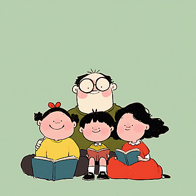 JPG 여자 남자 행복 어린이 일러스트 가족 함께함 따뜻함 사랑 미소 들기 앉기 소녀 소년 여러명 성인 일상 책 독서 화목 안경낌 어깨에손 국내일러스트 AI일러스트 AI콘텐츠 감정 안경 다수 컨셉 관계 모션 표정 사람 라이프 파일형식