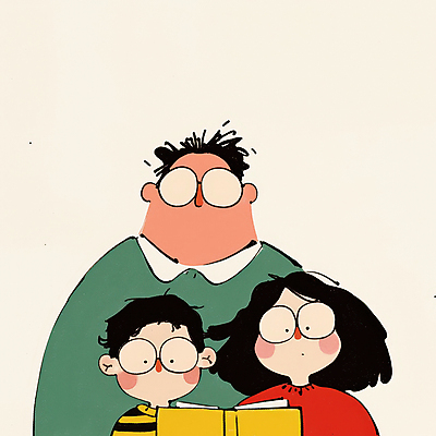 JPG 여자 남자 행복 안경 어린이 일러스트 가족 함께함 따뜻함 사랑 미소 소녀 소년 상반신 성인 일상 책 세명 독서 화목 안경낌 국내일러스트 AI일러스트 AI콘텐츠 잡화 감정 컨셉 관계 표정 사람 라이프 파일형식