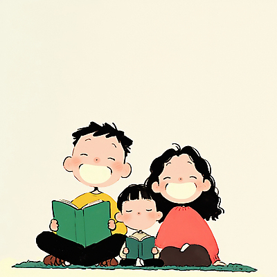 JPG 여자 남자 행복 어린이 일러스트 가족 함께함 따뜻함 사랑 웃음 들기 앉기 소년 성인 일상 책 세명 독서 화목 국내일러스트 AI일러스트 AI콘텐츠 감정 컨셉 관계 모션 표정 사람 라이프 파일형식